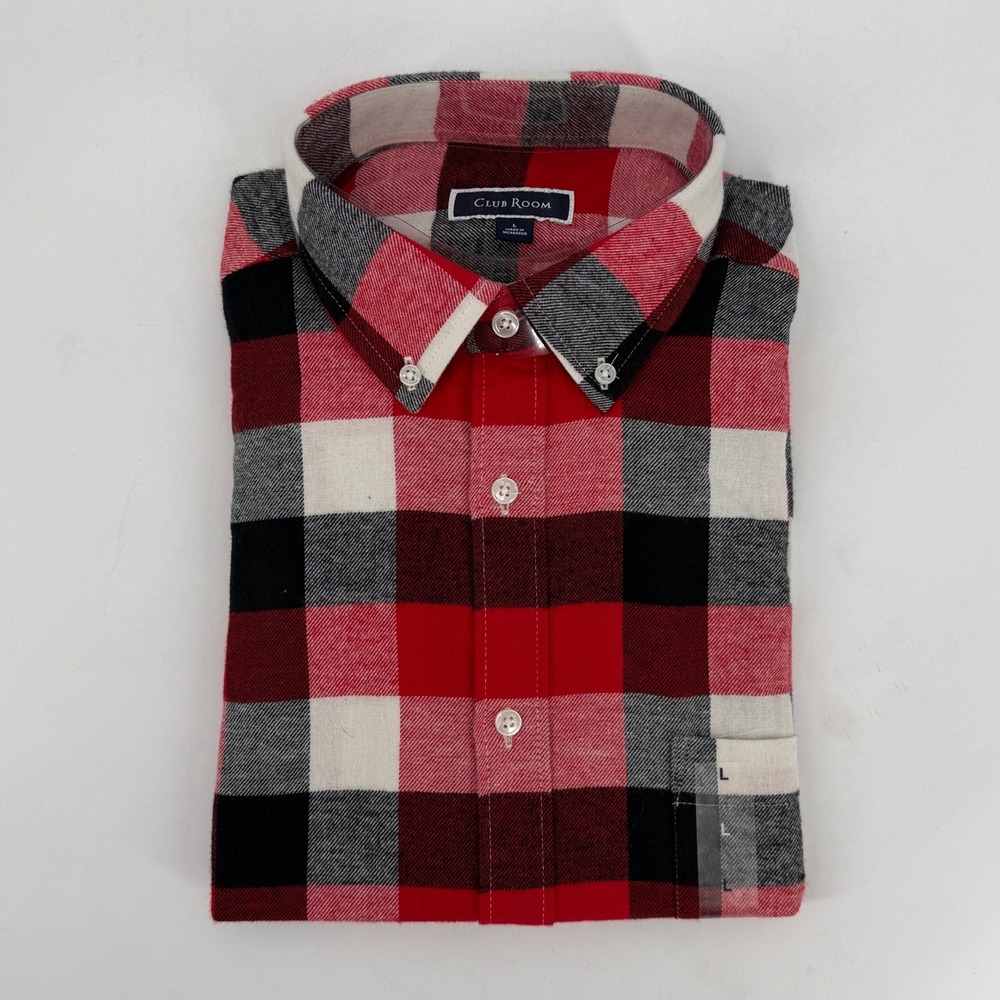 Club Room Buffalo‎ Plaid Flannel Shirt Red Black White Size L Cabincore